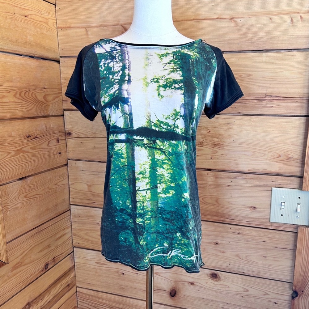 Vintage Circa Forest Print Graphic Tee Womens Medium Green Y2K Skate Baby Tee